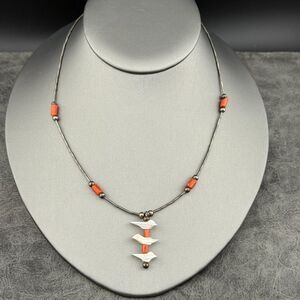 Native American VTG Fetish Necklace Coral MOP Birds Sterling Liquid Silver 16"